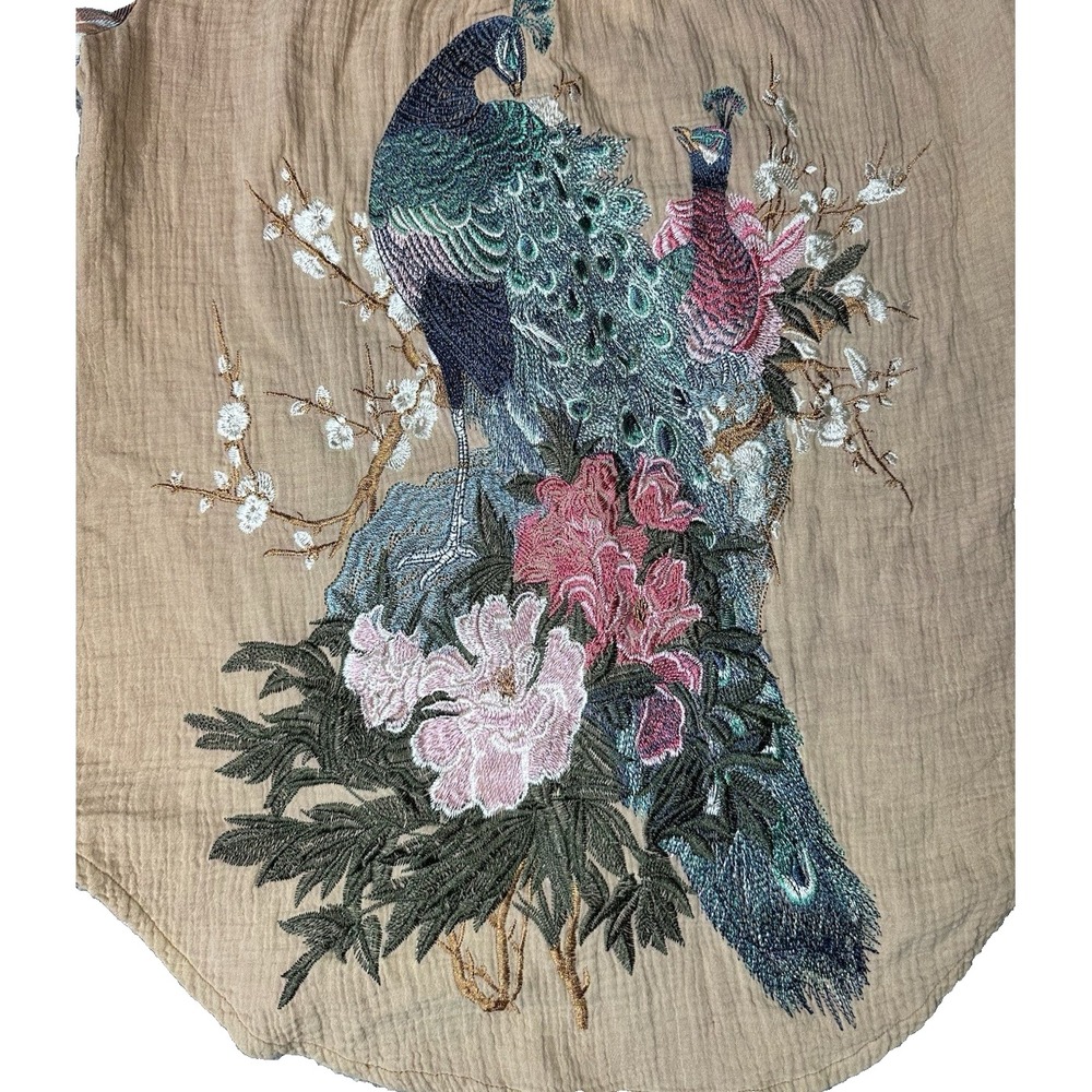 Aratta Silent Journey SMALL Boho Peacock Embroidered Bell Sleeve Button Up Shirt - Picture 2 of 13